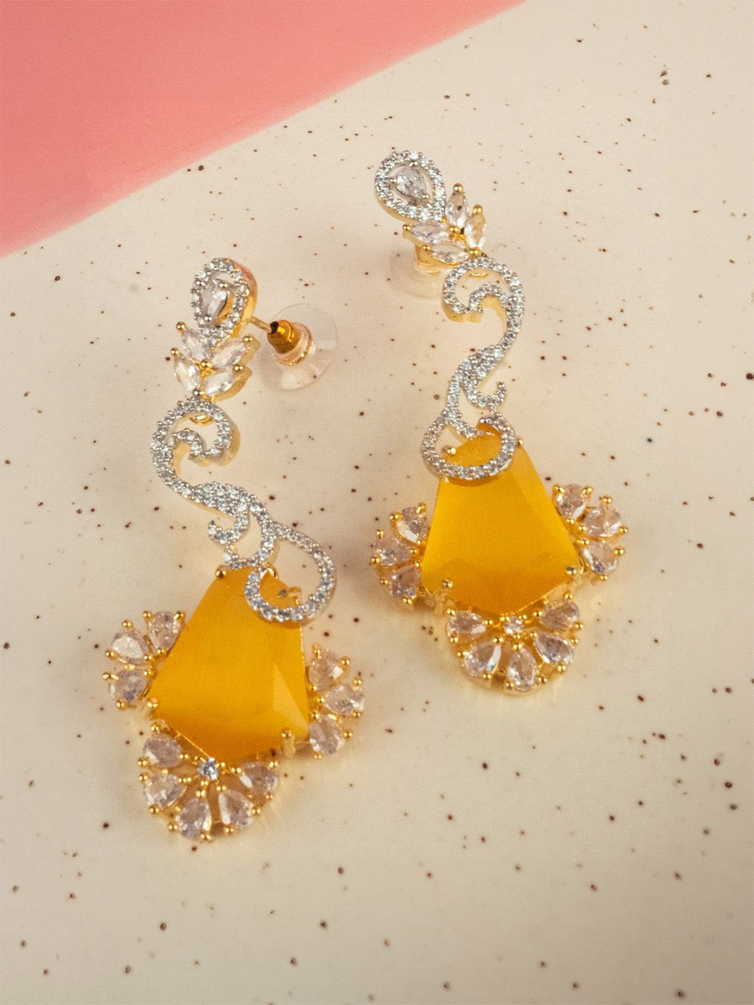 

SHARLEEZ Rhodium-Plated American Diamond Classic Drop Earrings, Yellow