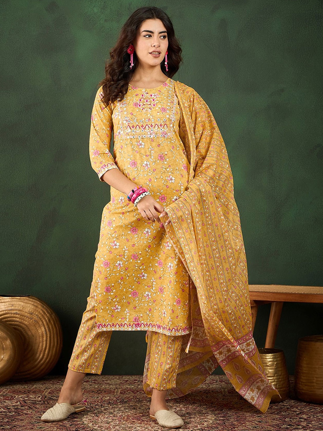 

Vastramyaa Women Floral Printed Thread Work Pure Cotton Kurta with Trousers & With Dupatta, Yellow