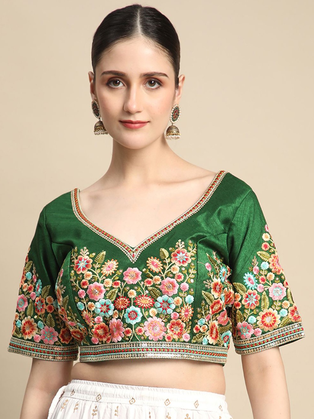 

BAPS Embroidered Non-Padded Saree Blouse, Green