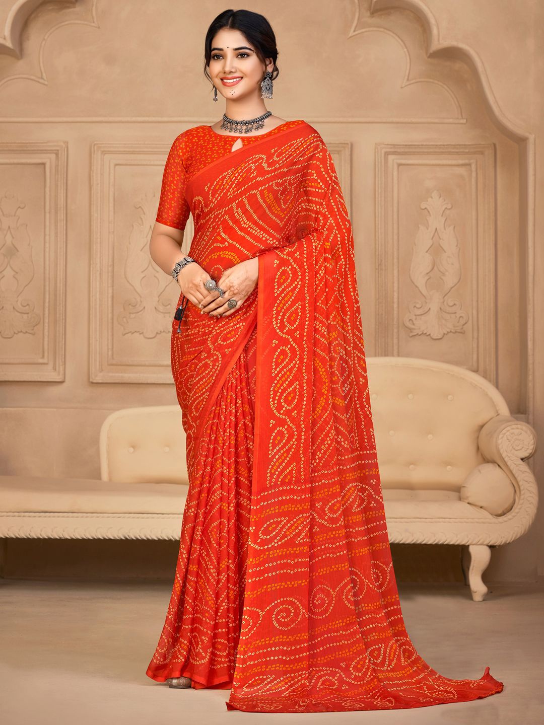 

KALINI Printed Bandhani Saree With Blouse Piece, Orange