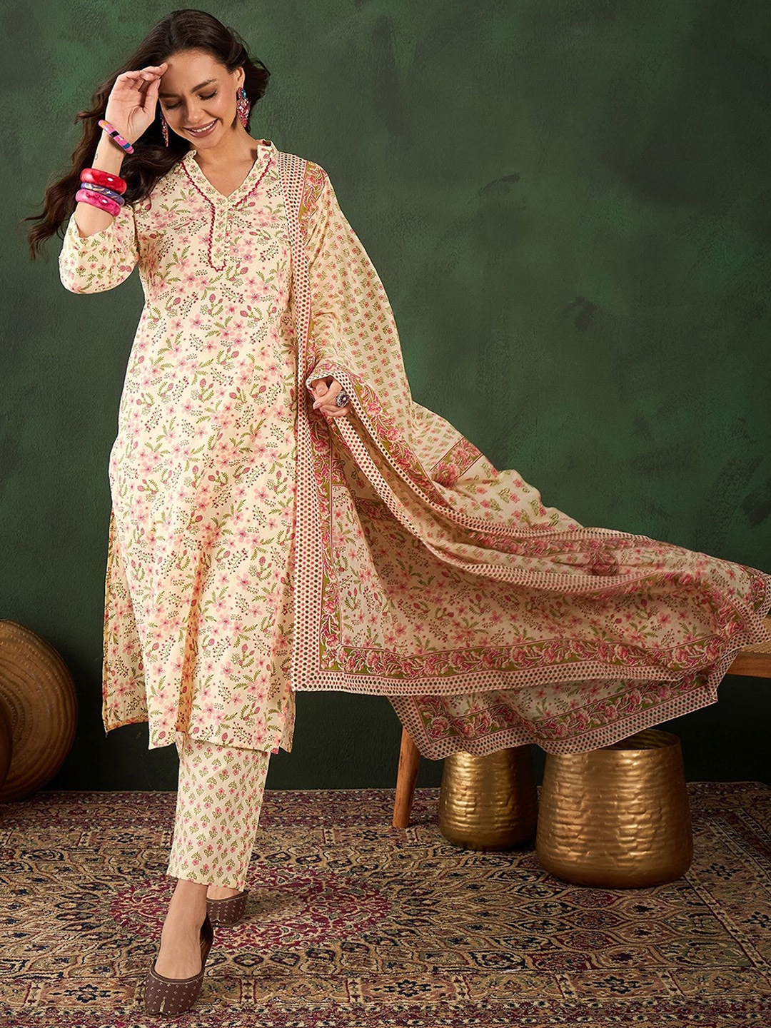 

Vastramyaa Women Floral Printed Sequined Pure Cotton Kurta with Trousers & With Dupatta, Yellow