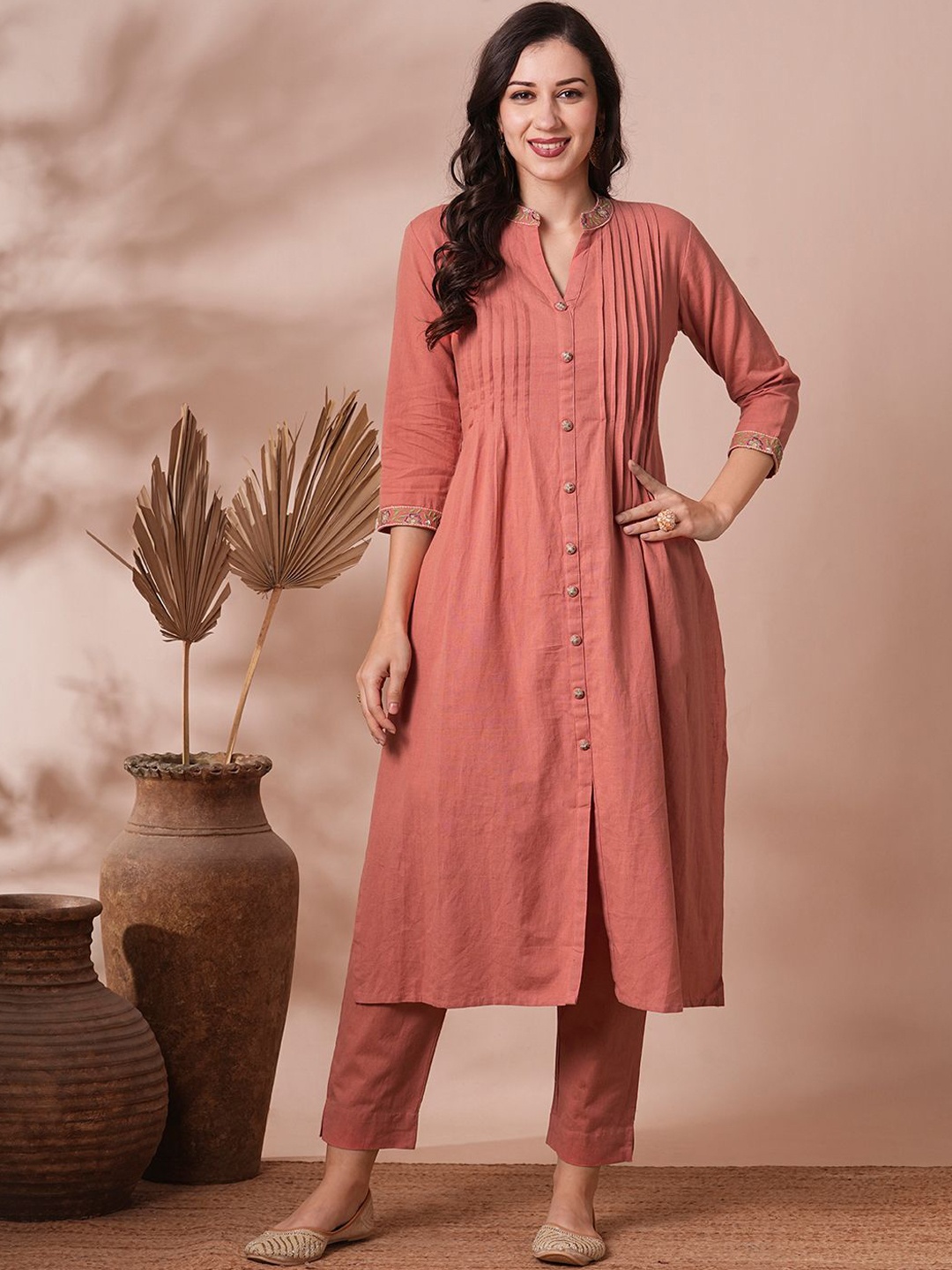 

FASHOR Embroidered Pure Cotton Tunic & Trouser Co-Ords, Peach