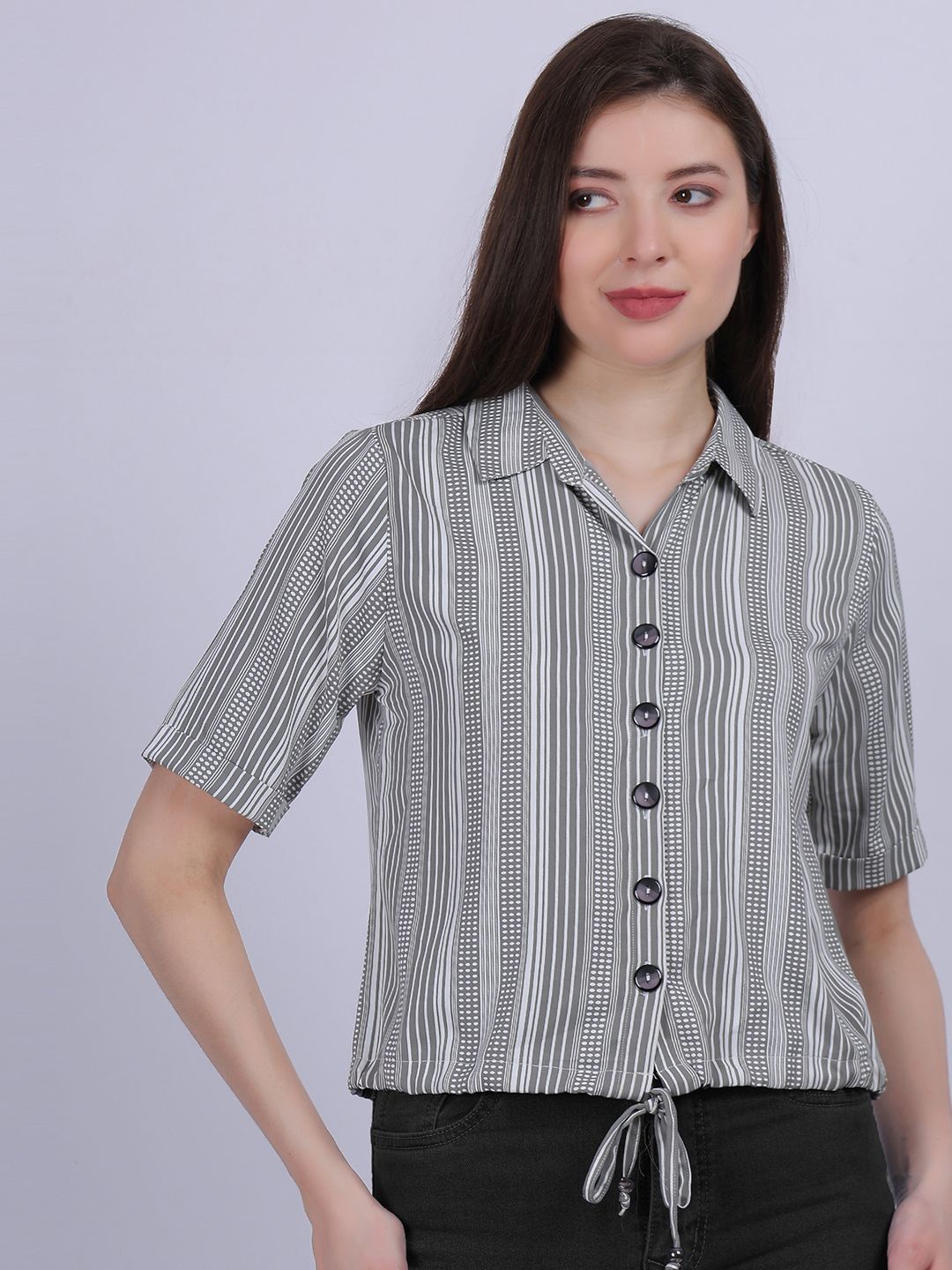 

Aumbe Women Comfort Spread Collar Vertical Striped Casual Shirt, Grey