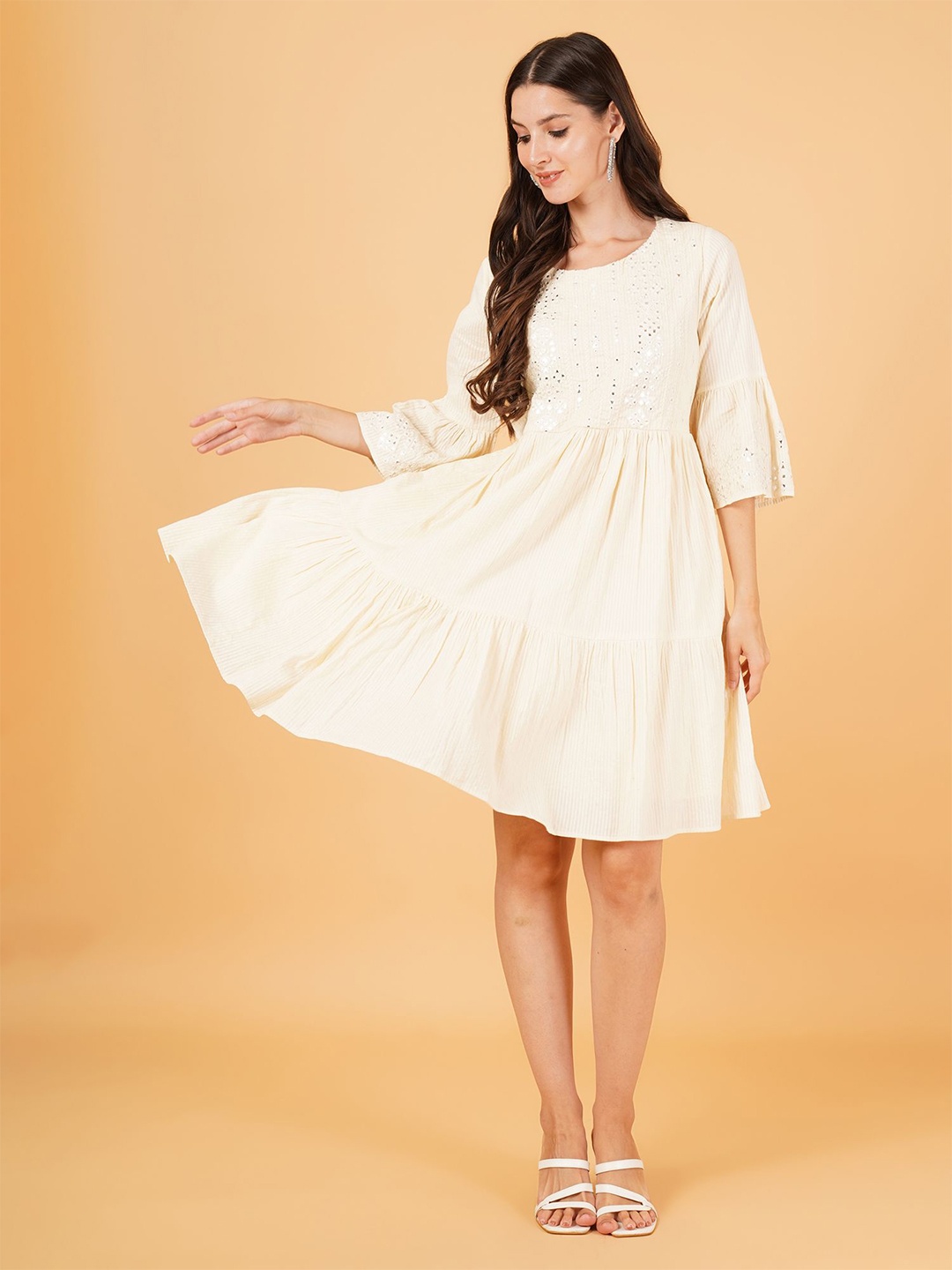 

Mast & Harbour Embellished Embroidered Bell Sleeve Fit & Flare Midi Dress, Cream