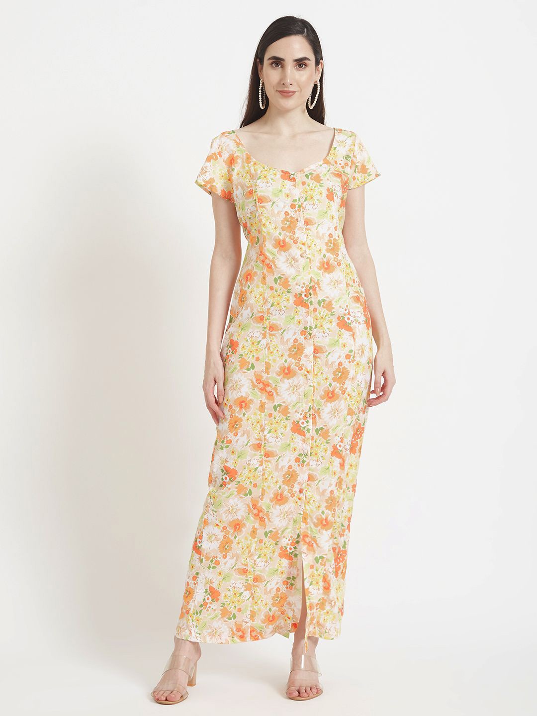 

AMSWAN Women Floral Print Maxi Dress, Yellow