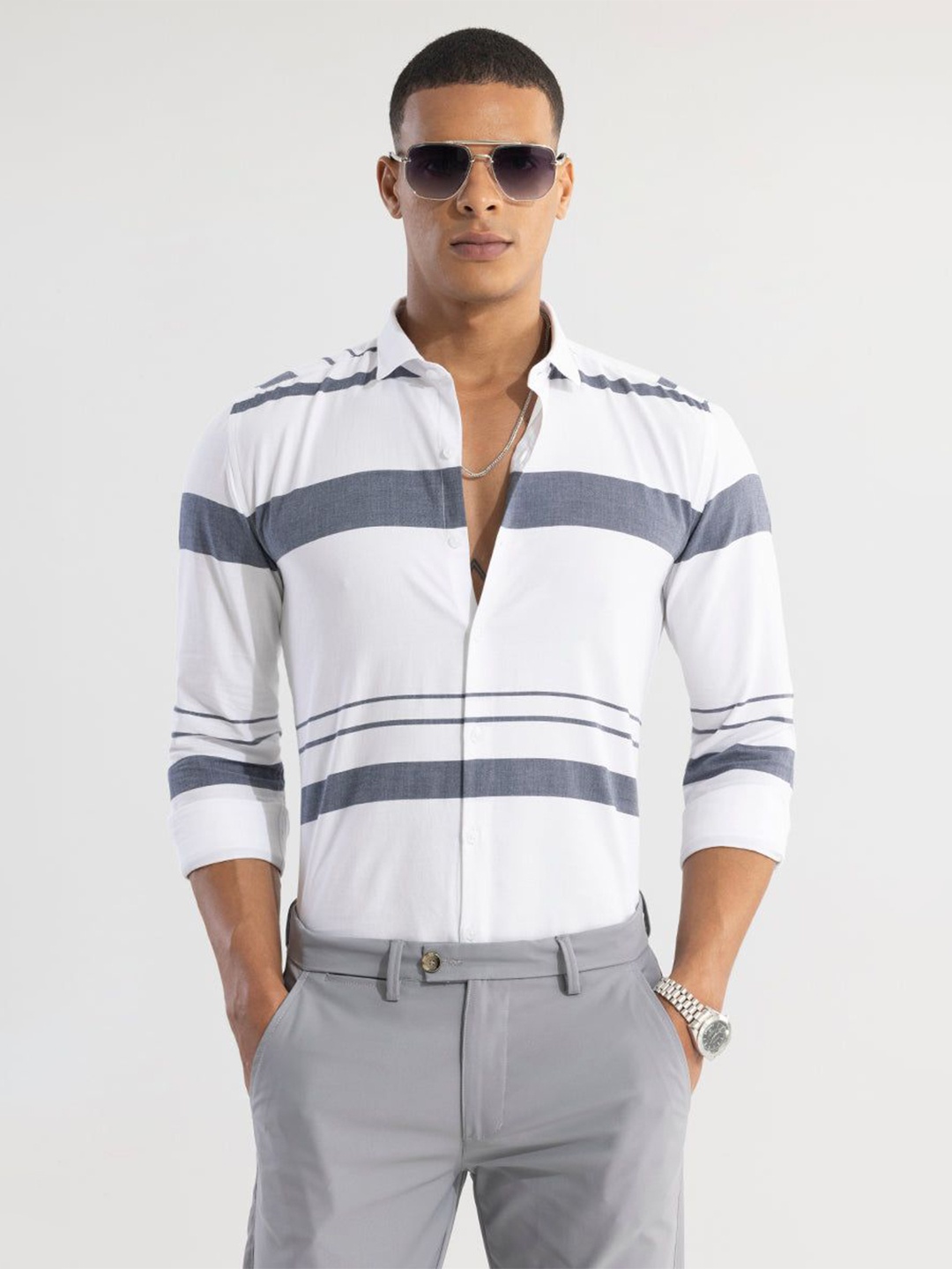 

Snitch Men New Spread Collar Horizontal Striped Cotton Slim Fit Casual Shirt, White