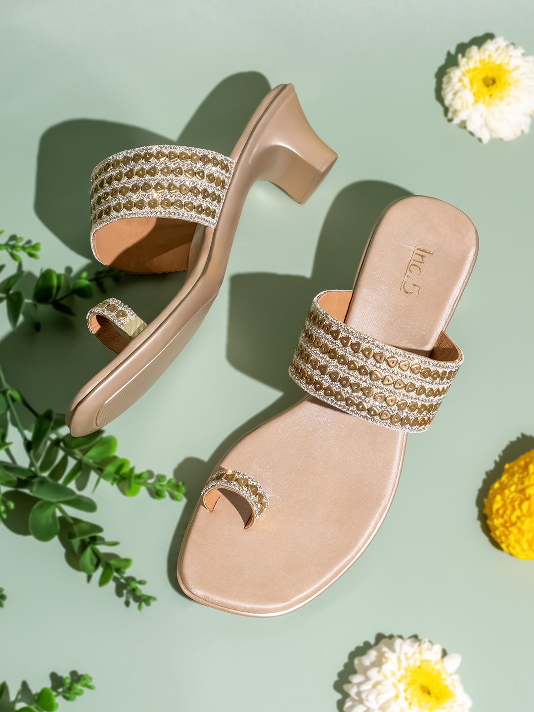 

Inc 5 Women Embellished Ethnic Block Sandals, Gold