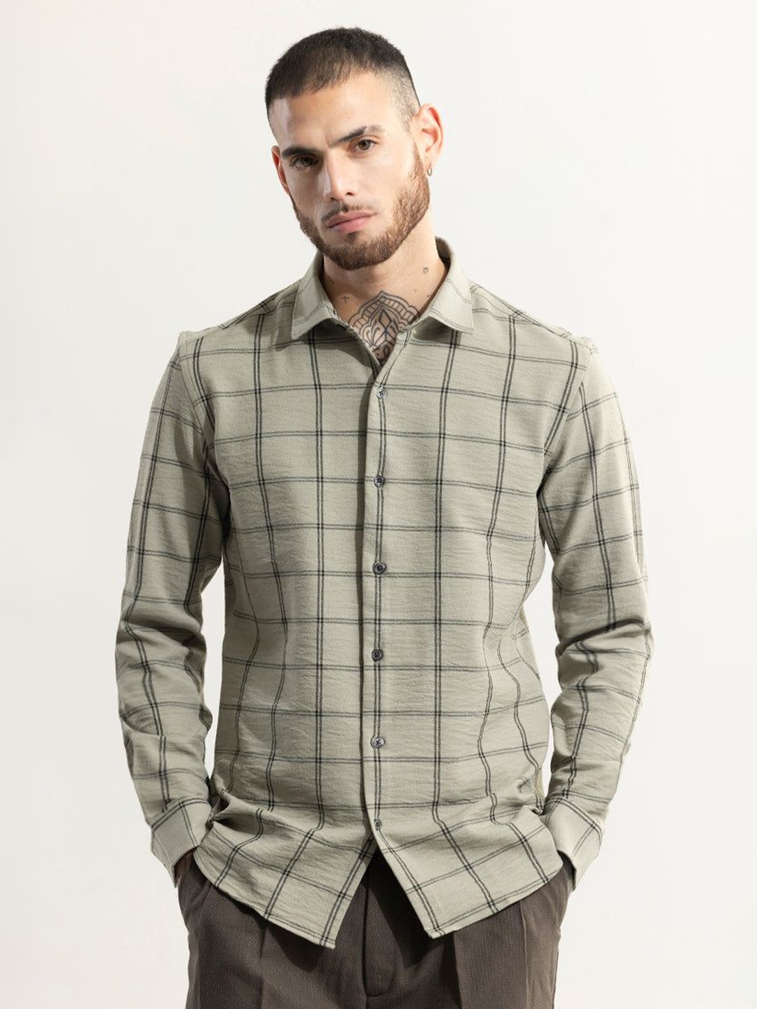 

Snitch Men New Spread Collar Tartan Checked Casual Shirt, Green