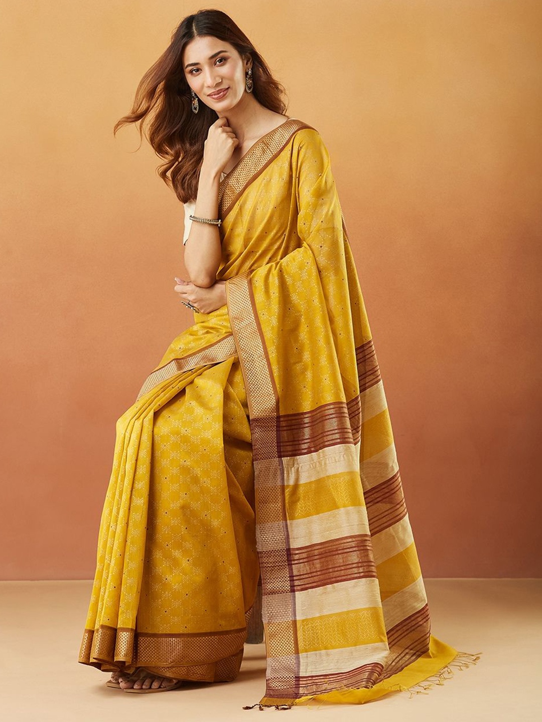 

Fabindia Ethnic Motifs Printed Maheshwari Saree, Mustard