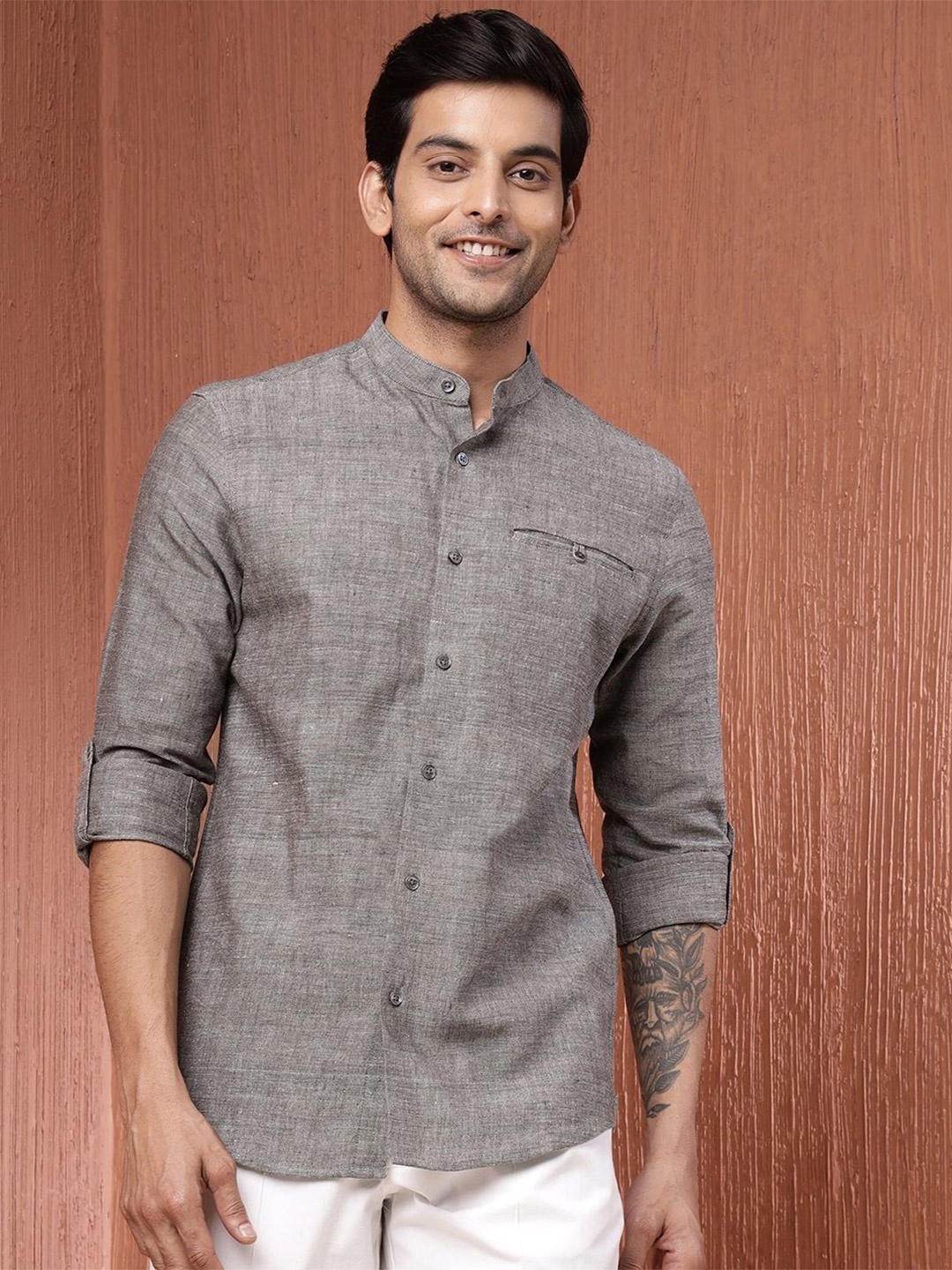 

Fabindia Men Band Collar Textured Cotton Slim Fit Casual Shirt, Grey