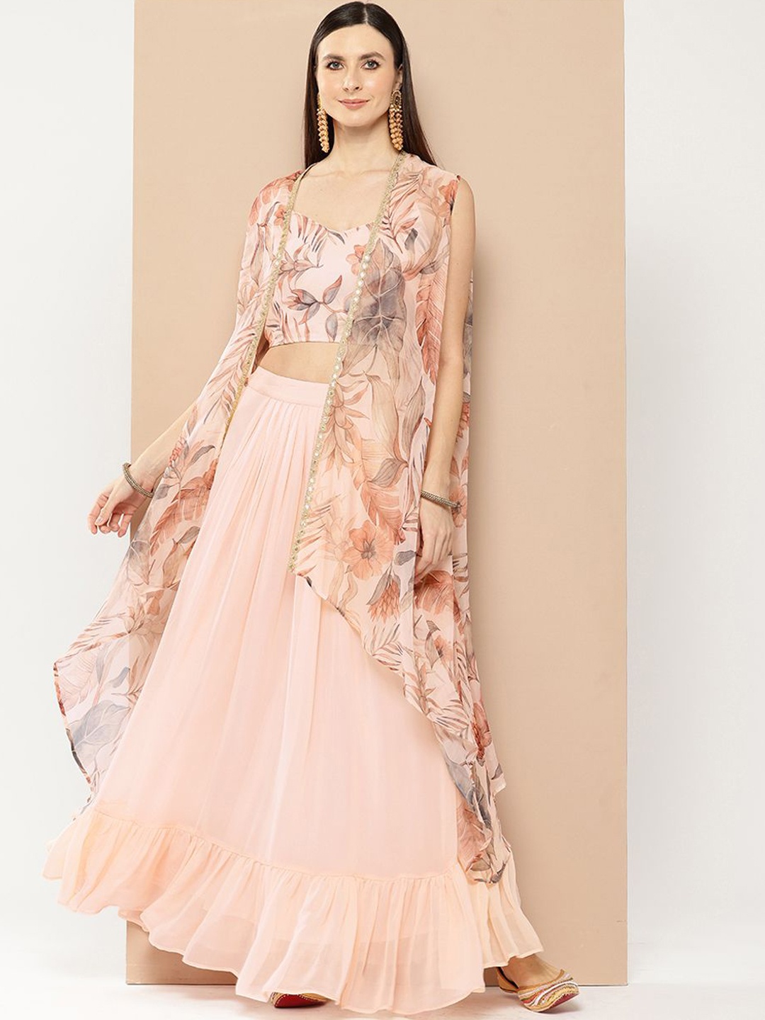 

WESTCLO Printed Top With Skirt & Shrug Co-Ords, Peach