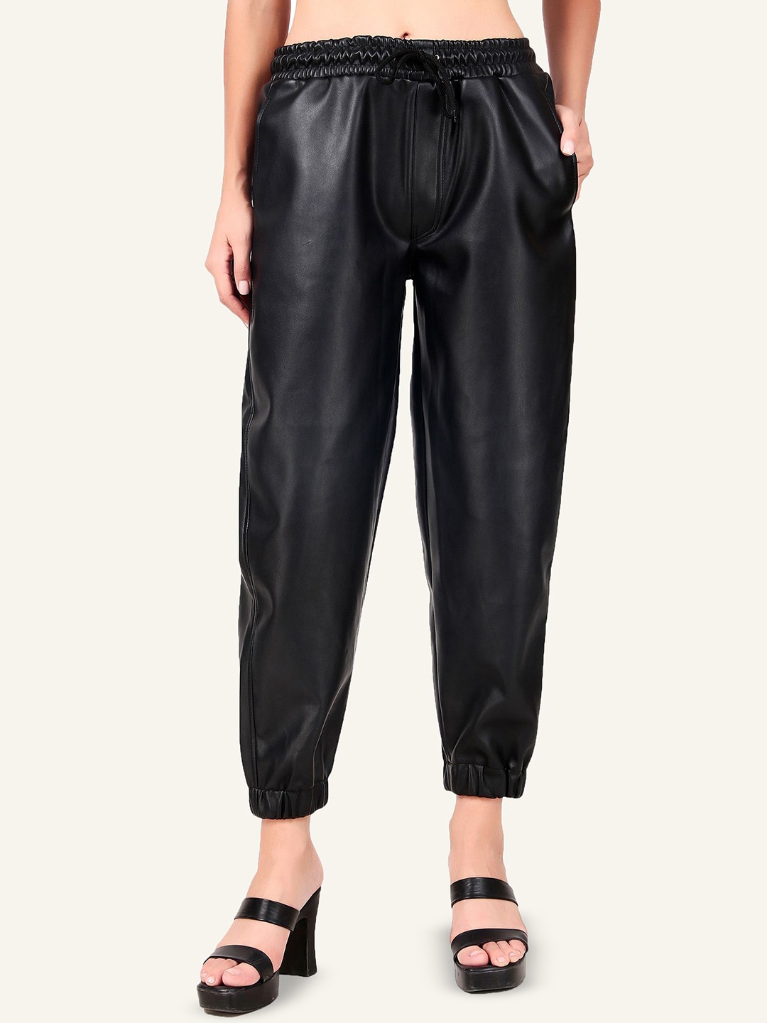 

Leather Retail Women Relaxed Pleated Joggers Trousers, Black