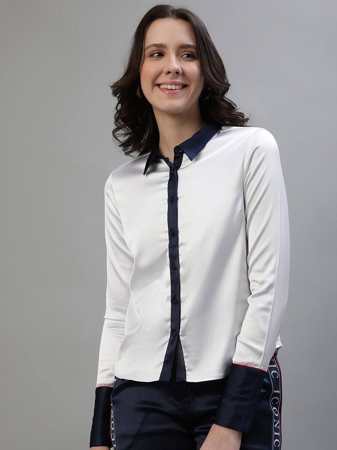

Iconic Women Spread Collar Solid Casual Shirt, White