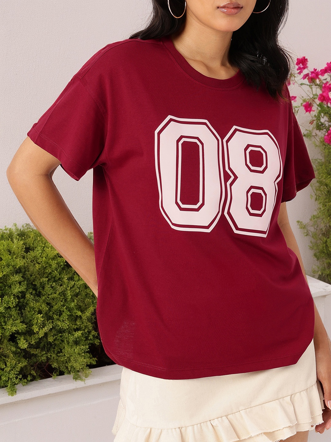 

DressBerry Sporty Vibe Printed Oversized T-Shirt, Maroon