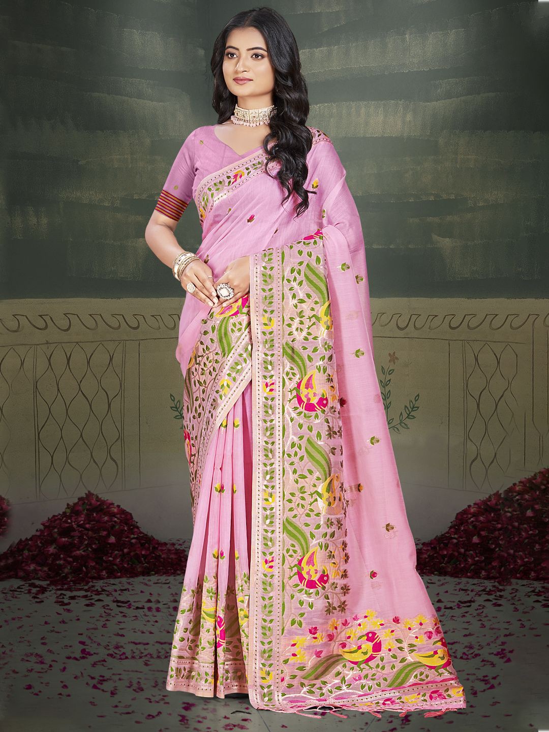 

SANGAM PRINTS Woven Design Zari Tussar Saree, Pink