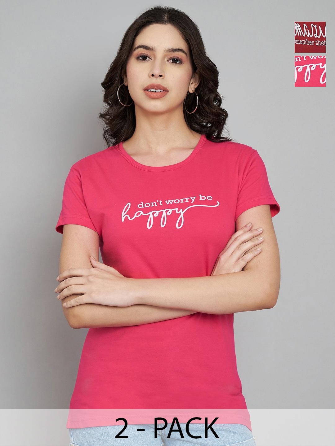 

Trend Level Women Pack Of 2 Typography Printed Round Neck Cotton T-shirts, Pink