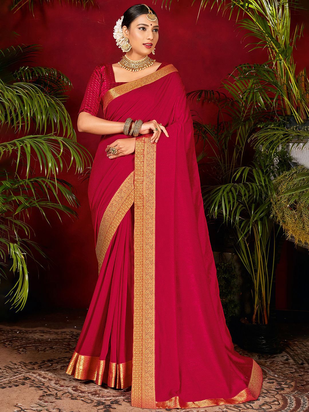 

KALINI Solid Zari Banarasi Saree, Pink