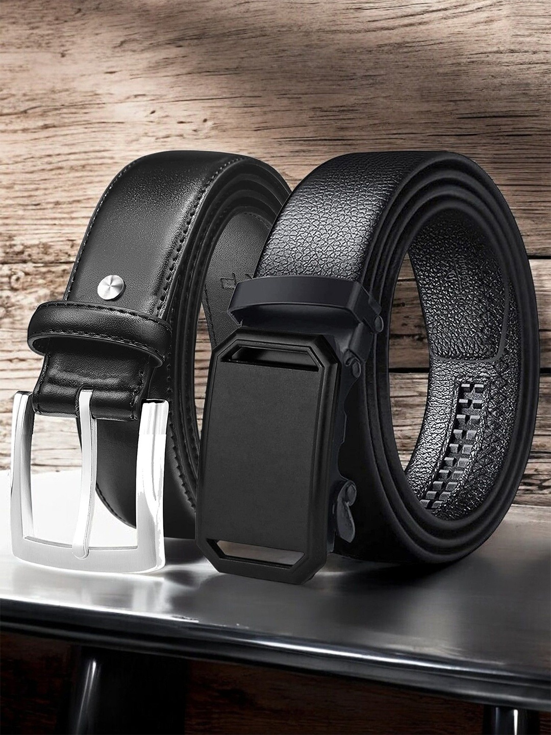 

The Roadster Lifestyle Co. Pack Of 2 Men Textured Leather Formal Belts, Black