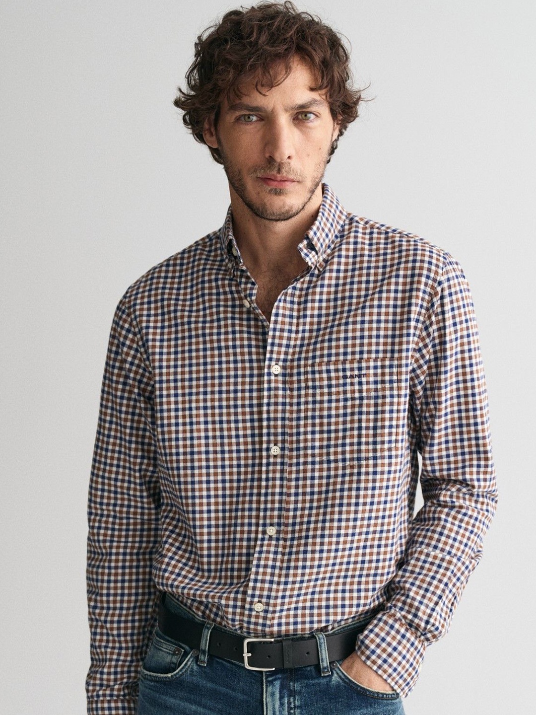 

GANT Men Button-Down Collar Checked Cotton Casual Shirt, Brown