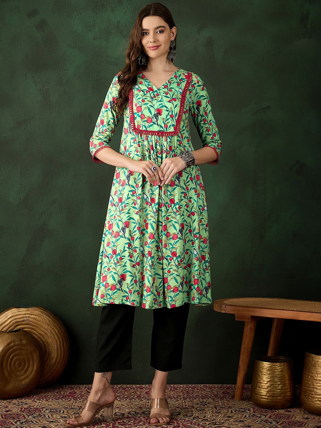 

Sangria Printed A-Line Kurtas, Green