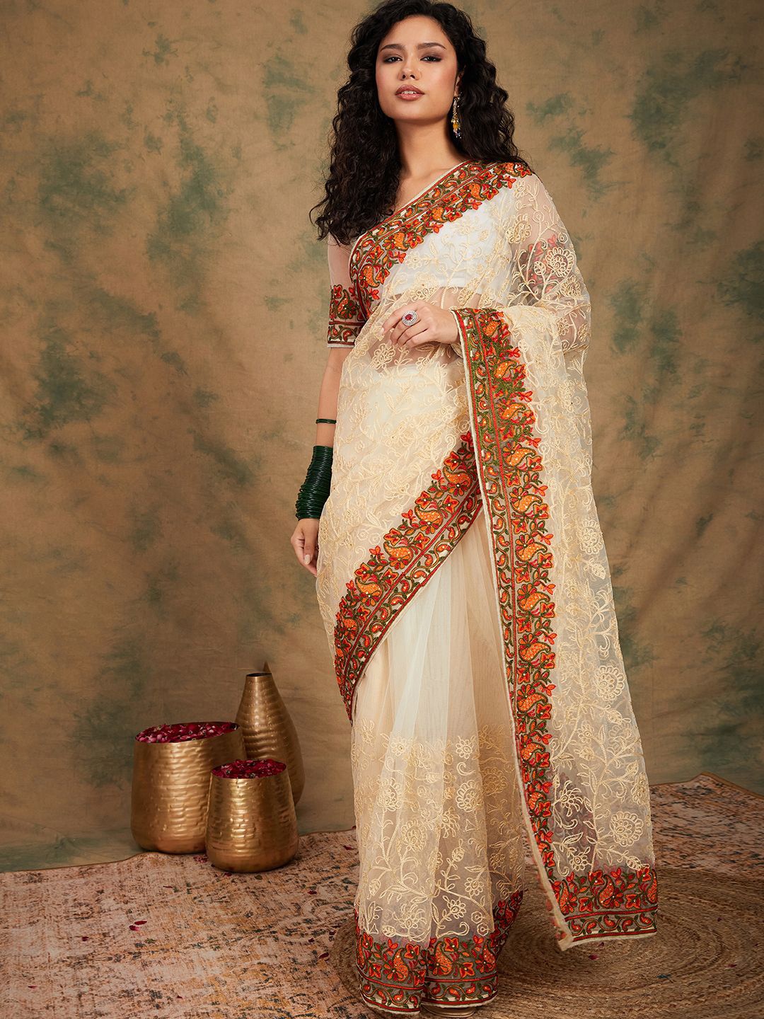 

Maroosh Floral Beads and Stones Net Saree, White