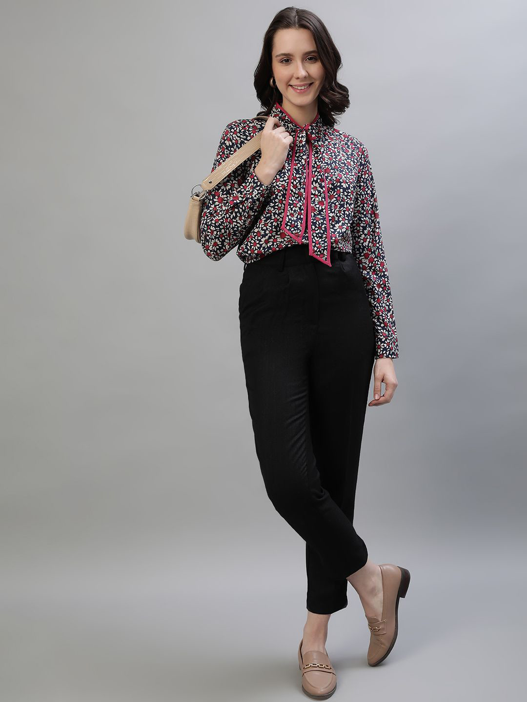 

Iconic Women Floral Printed Tie-Up Neck Top, Navy blue
