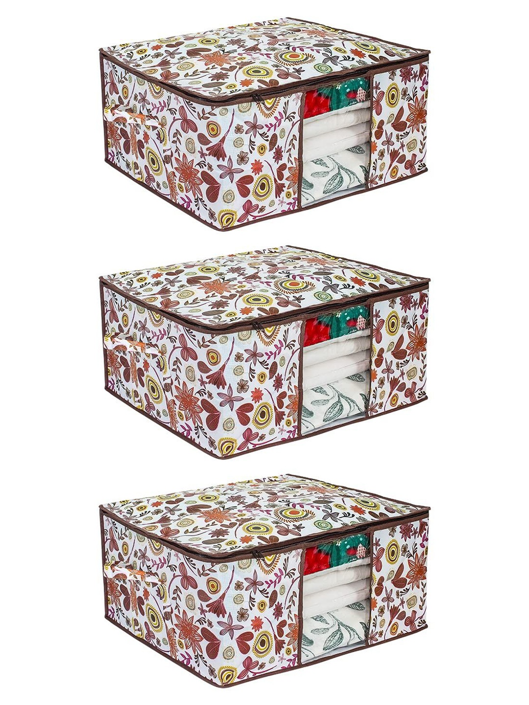

prettykrafts White & Brown 3 Pieces Printed Storage Bag Multi-Utility Organisers
