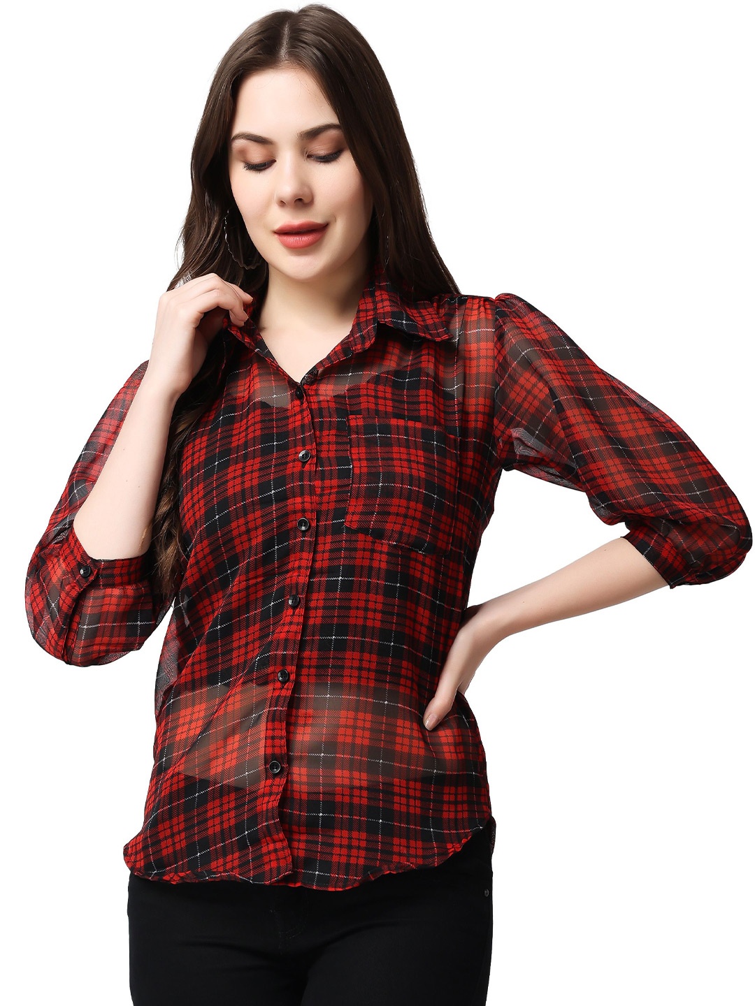 

MINOS Women Classic Spread Collar Tartan Checked Casual Shirt, Red