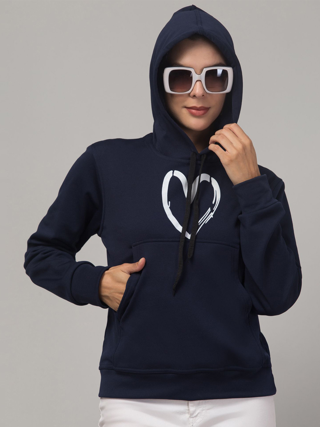 

BESTIC FASHION Women Graphic Printed Hood Fleece Pullover Ribbed Sweatshirt, Navy blue