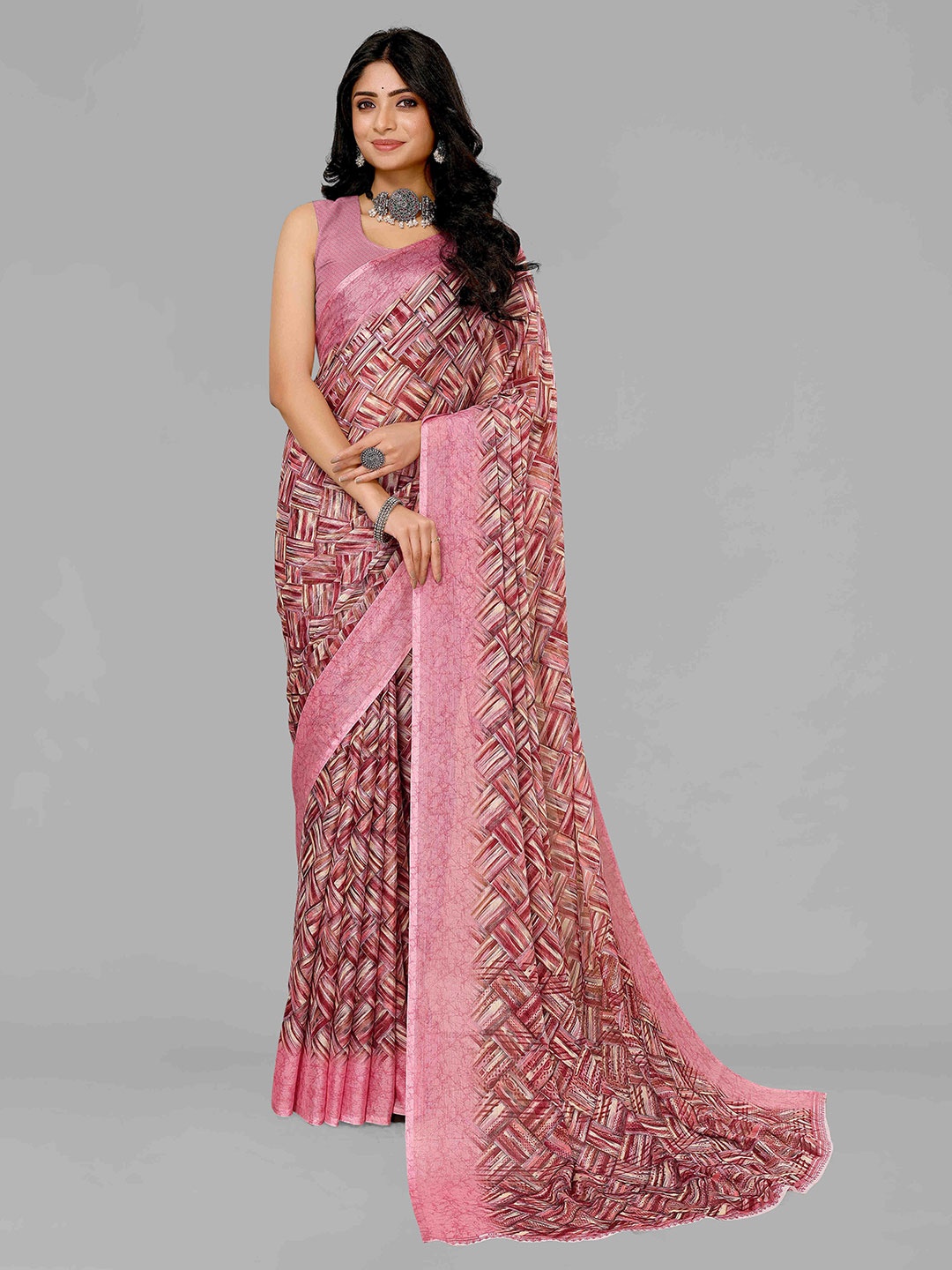 

saretramall Printed Pure Georgette Maheshwari Saree, Pink