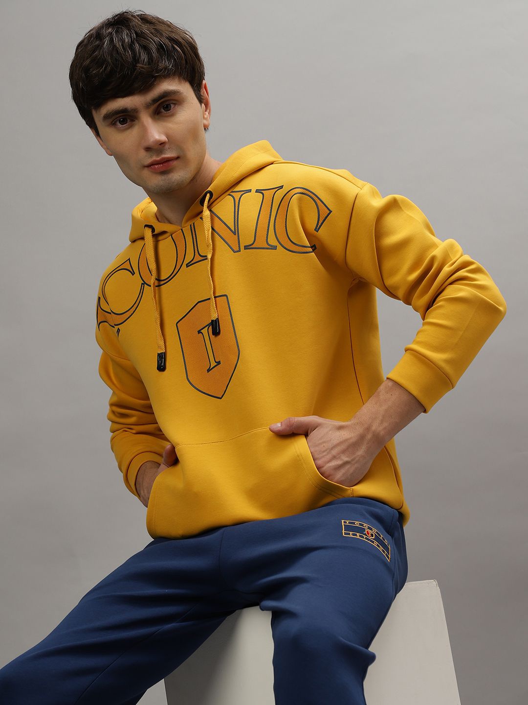 

Iconic Men Typography Printed Hood Pullover Sweatshirt, Mustard