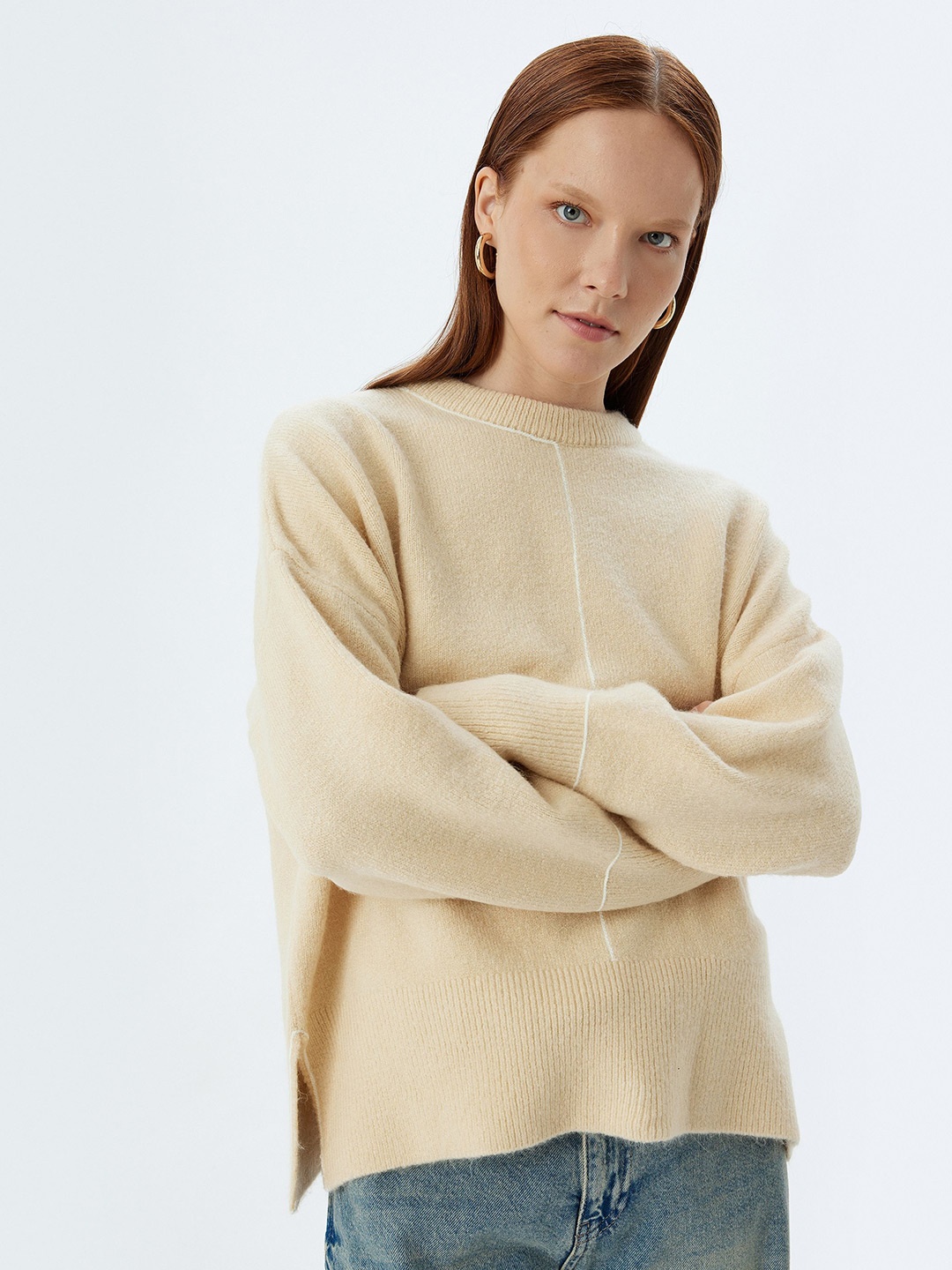 

Koton Women Cable Knit Longline Pullover, Beige
