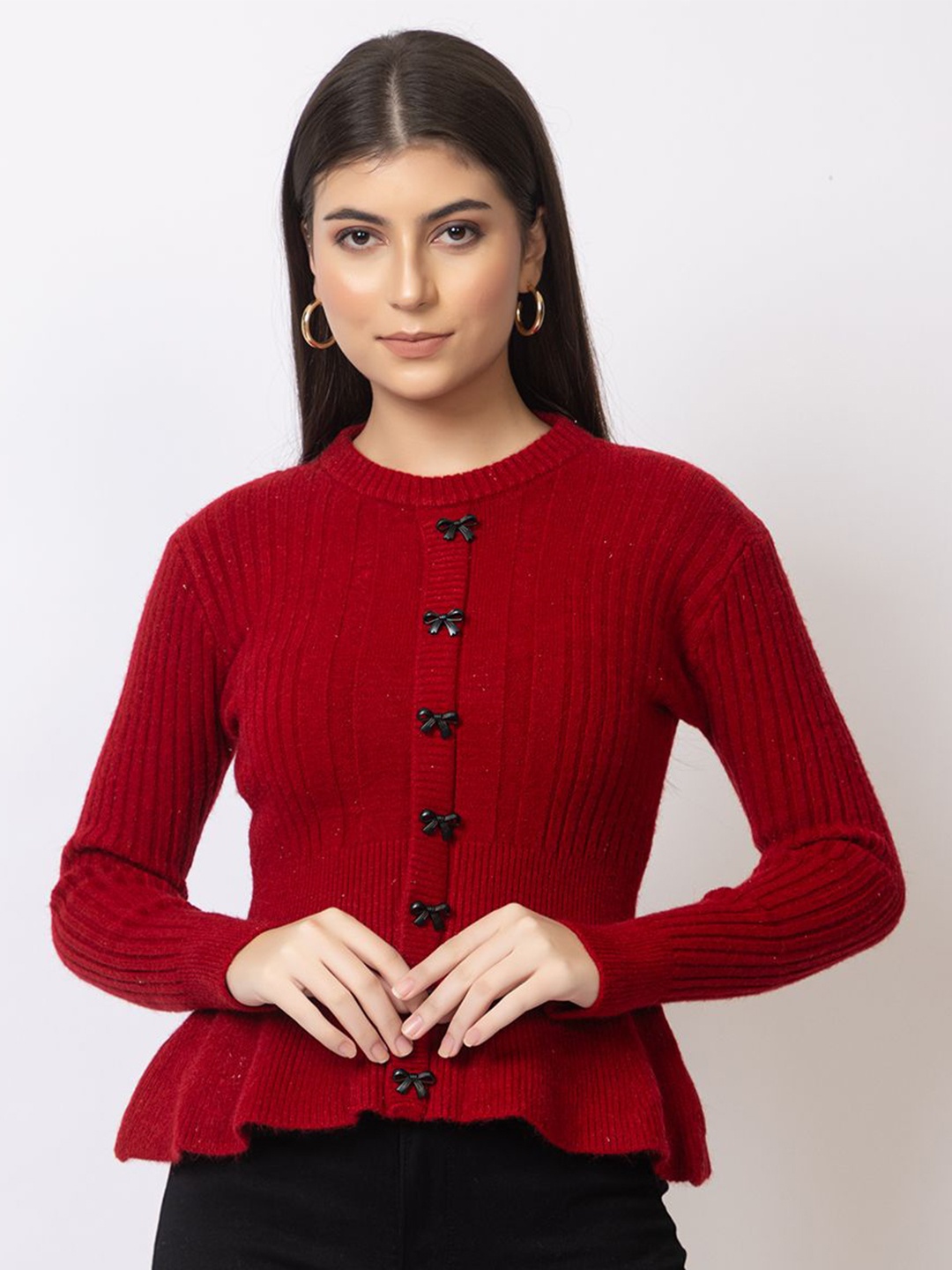 

GFO Women Self Design Embellished Woollen Sweater, Red