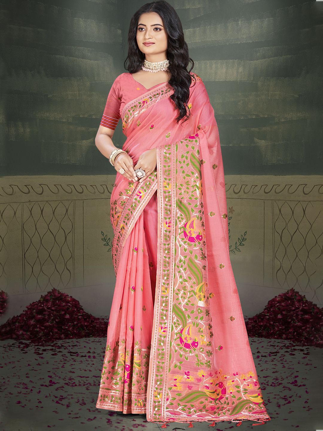 

SANGAM PRINTS Woven Design Zari Tussar Saree, Pink