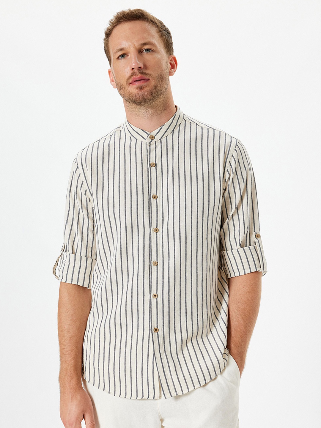 

Koton Men Band Collar Vertical Striped Cotton Casual Shirt, Off white