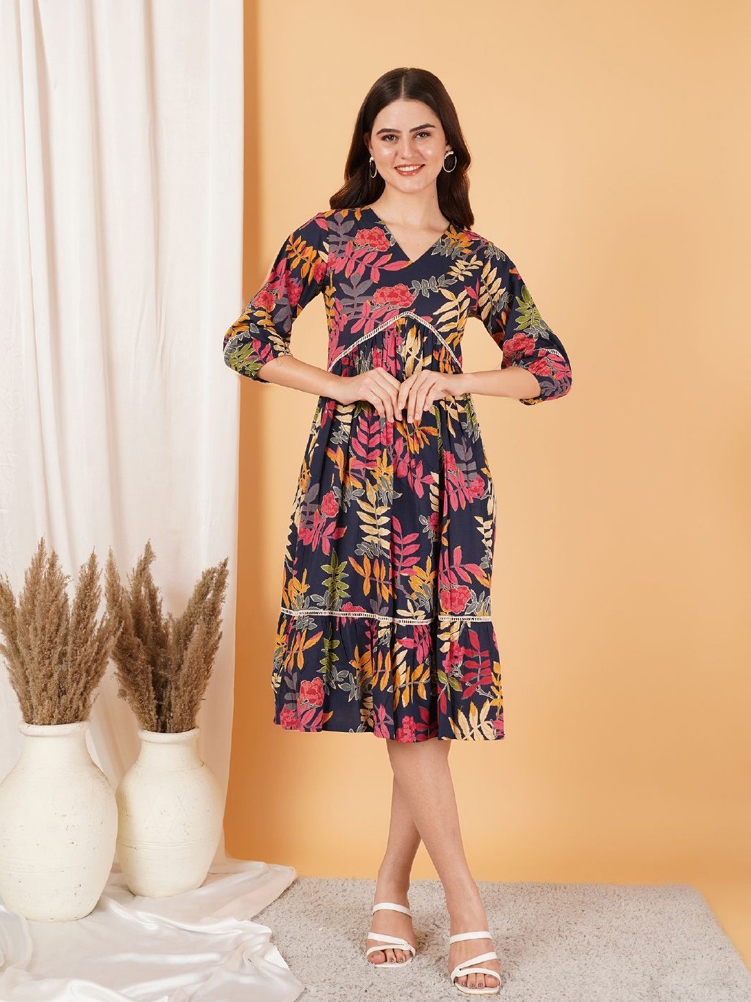 

KALINI Women Floral Printed V-neck Empire Midi Dress, Navy blue