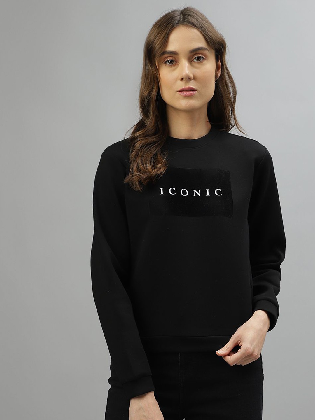 

Iconic Women Typography Printed Round Neck Pullover Sweatshirt, Black