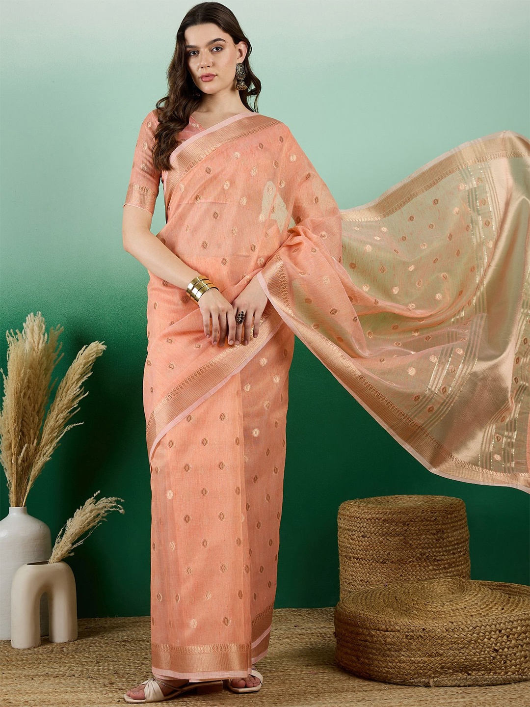 

Maroosh Woven Design Saree With Zari Border, Peach