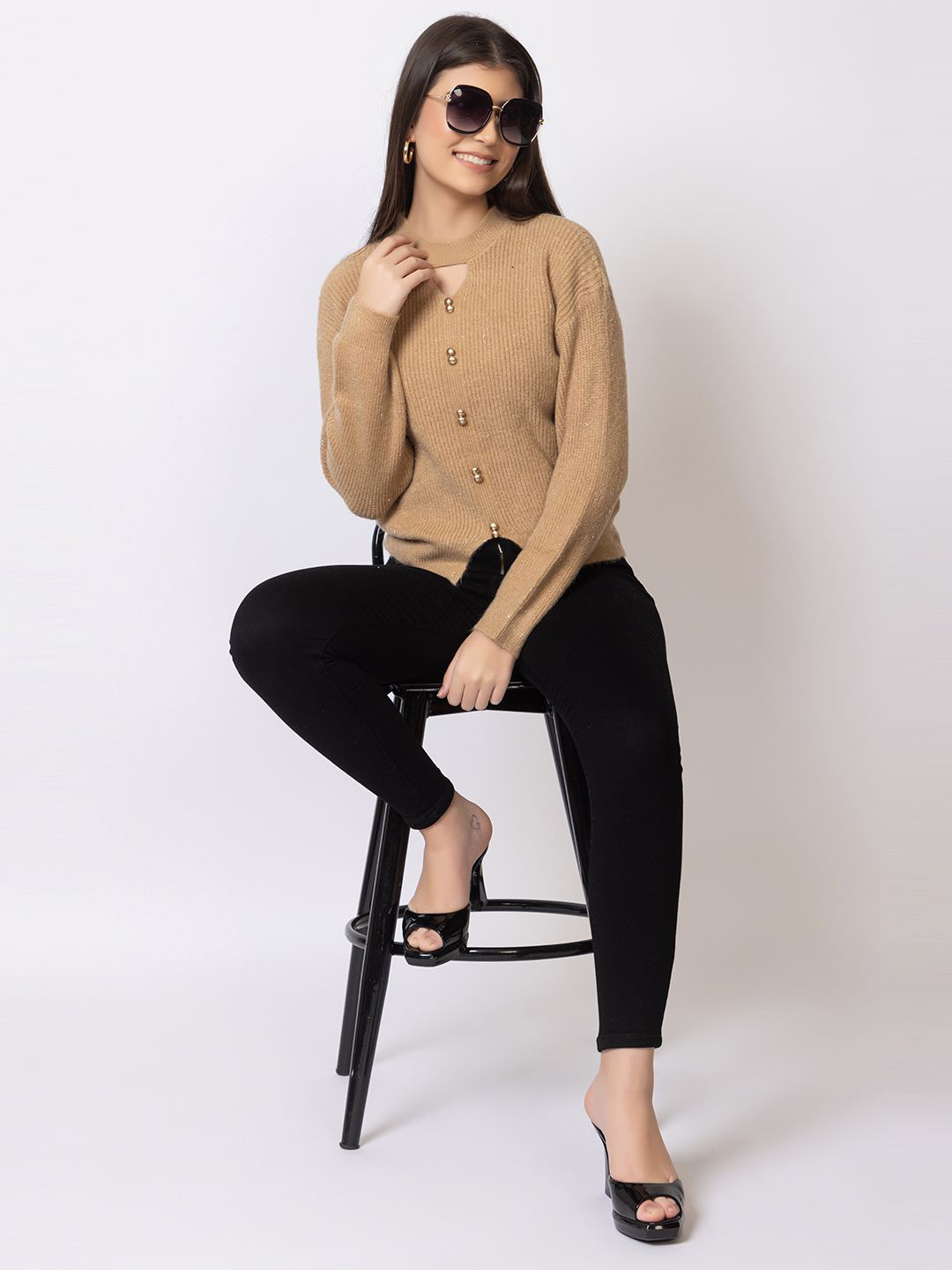 

GFO Women Self Design Woollen Sweater, Beige