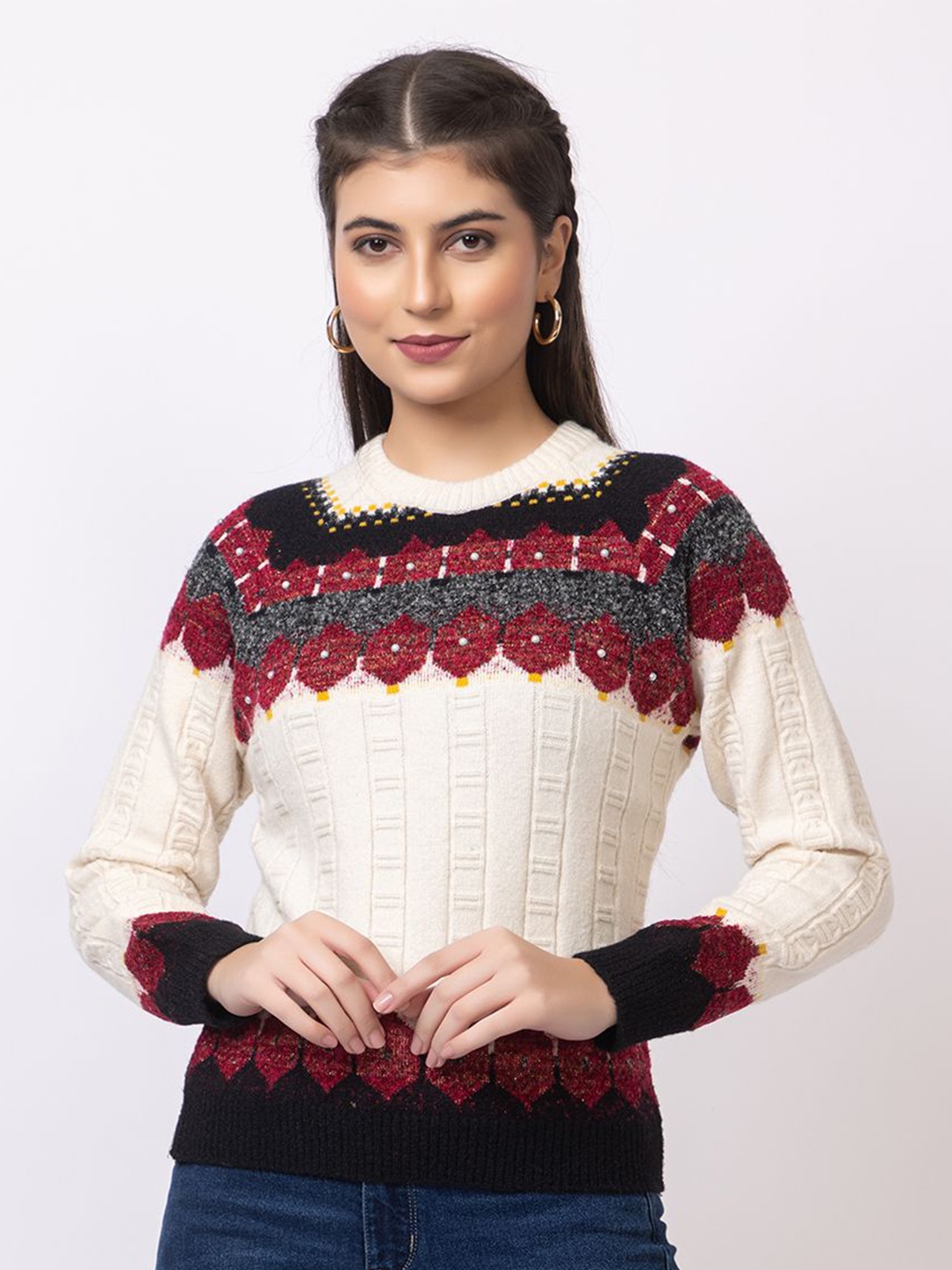 

GFO Women Self Design Embellished Woollen Sweater, Off white