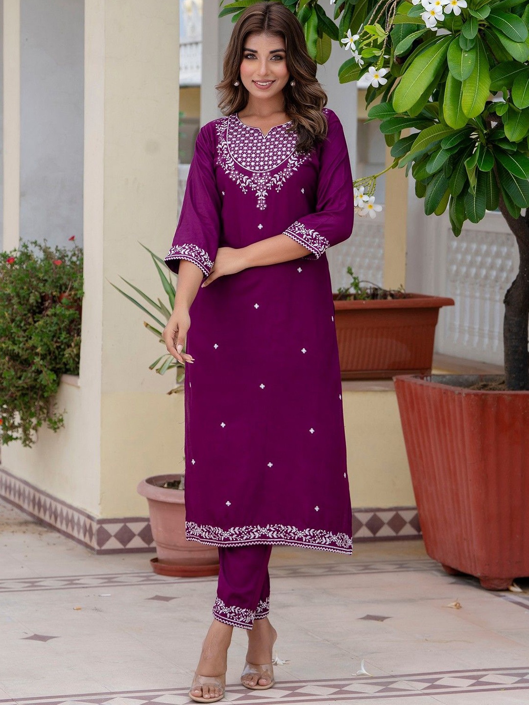 

KALINI Women Ethnic Motifs Embroidered Regular Mirror Work Kurta with Trousers, Purple
