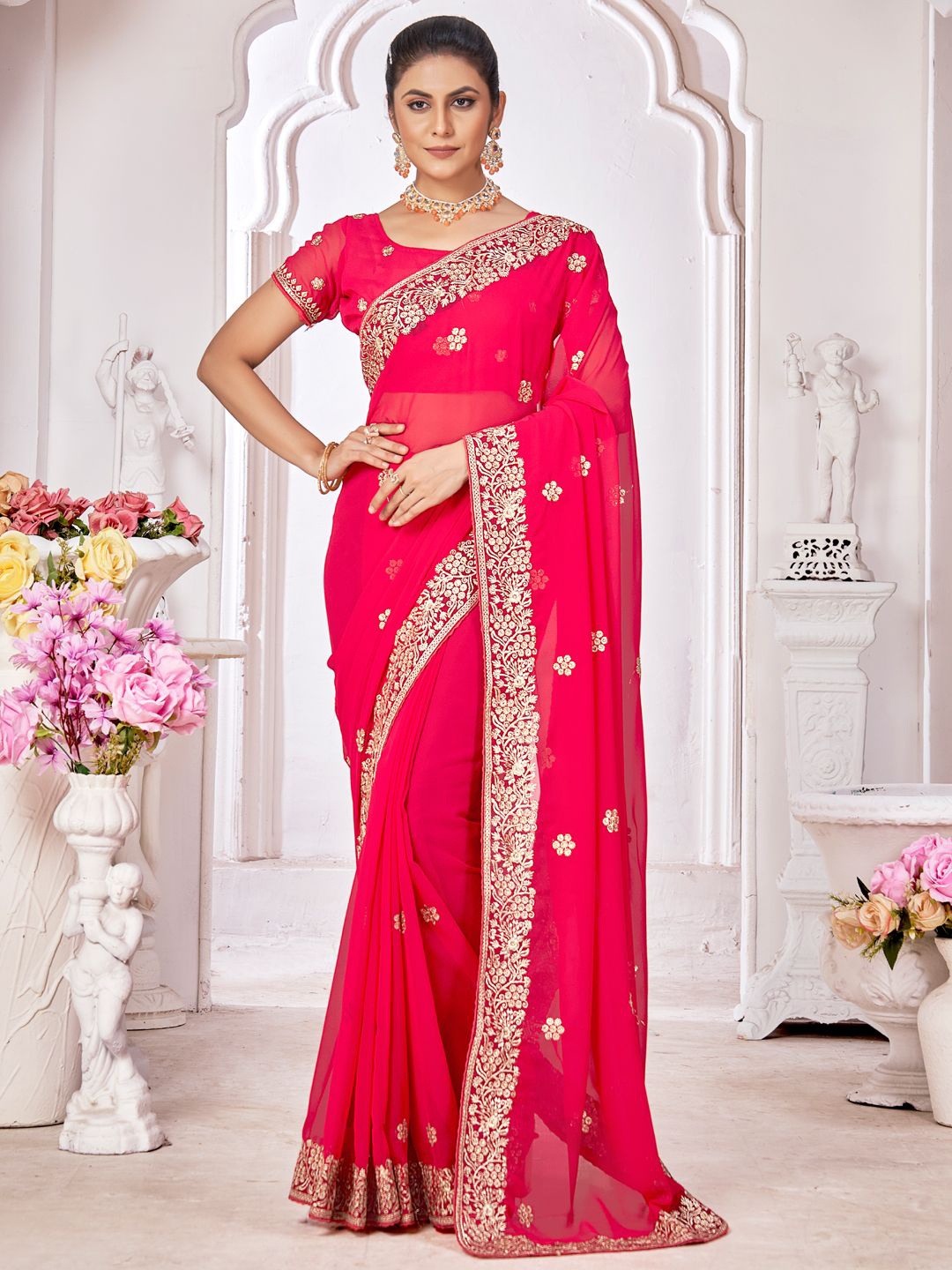 

Panzora Floral Embroidered Saree With Embroidered Border, Pink