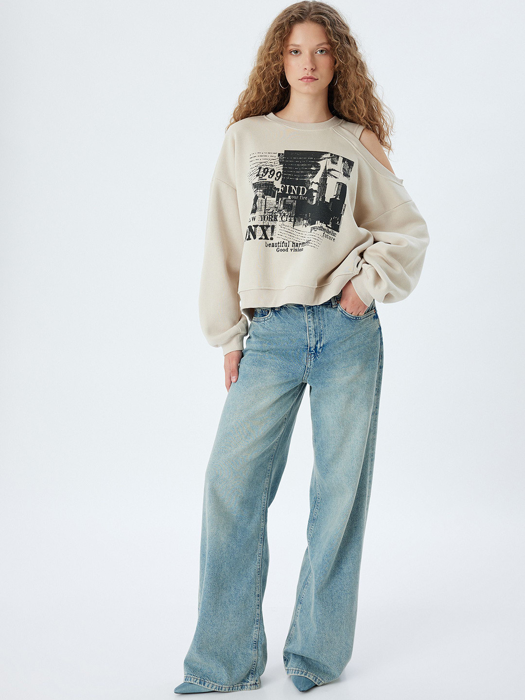 

Koton Women Graphic Printed Round Neck Cotton Pullover Sweatshirt, Beige