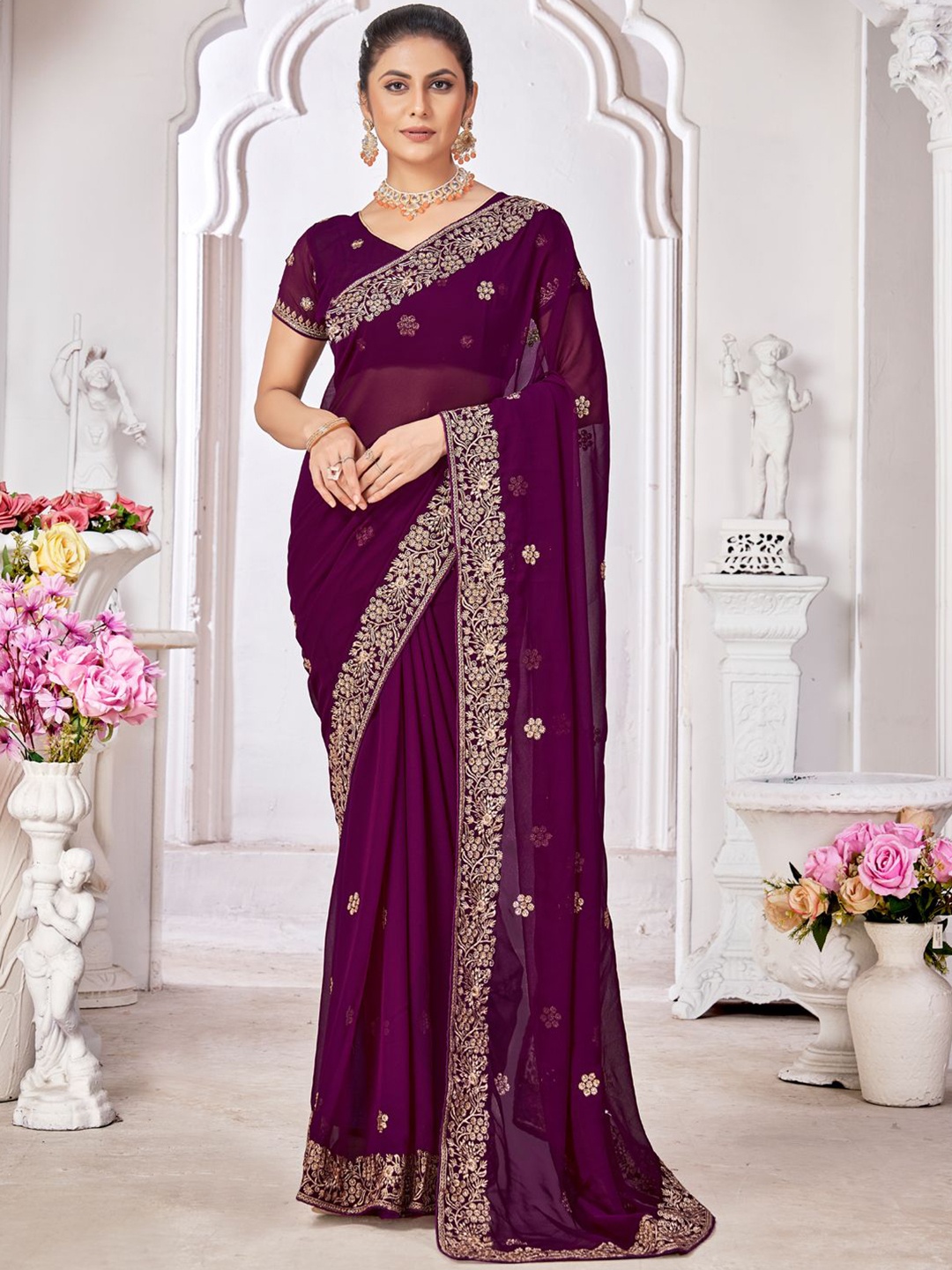 

Mitera Embellished Embroidered Saree, Purple