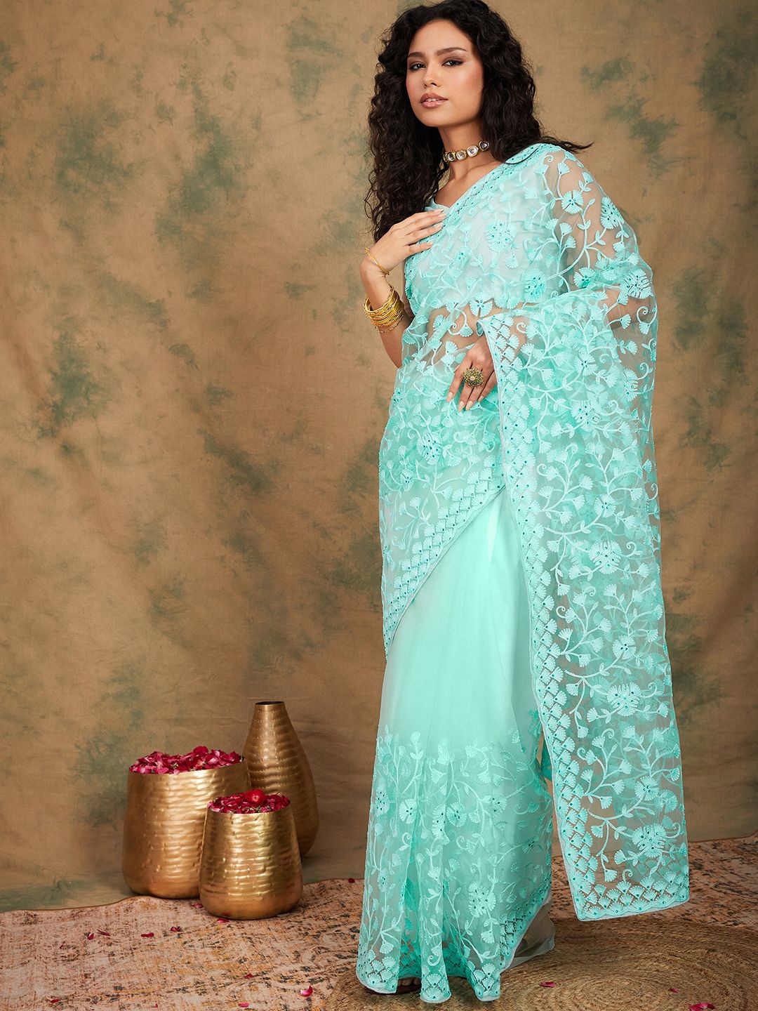 

Maroosh Embellished Beads and Stones Net Saree, Turquoise blue