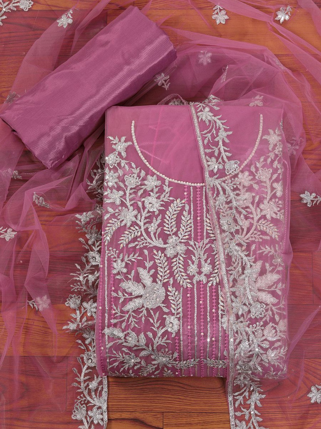 

Jaipur Kurti Heavy Embroidered Net Dress Material with Dupatta, Pink