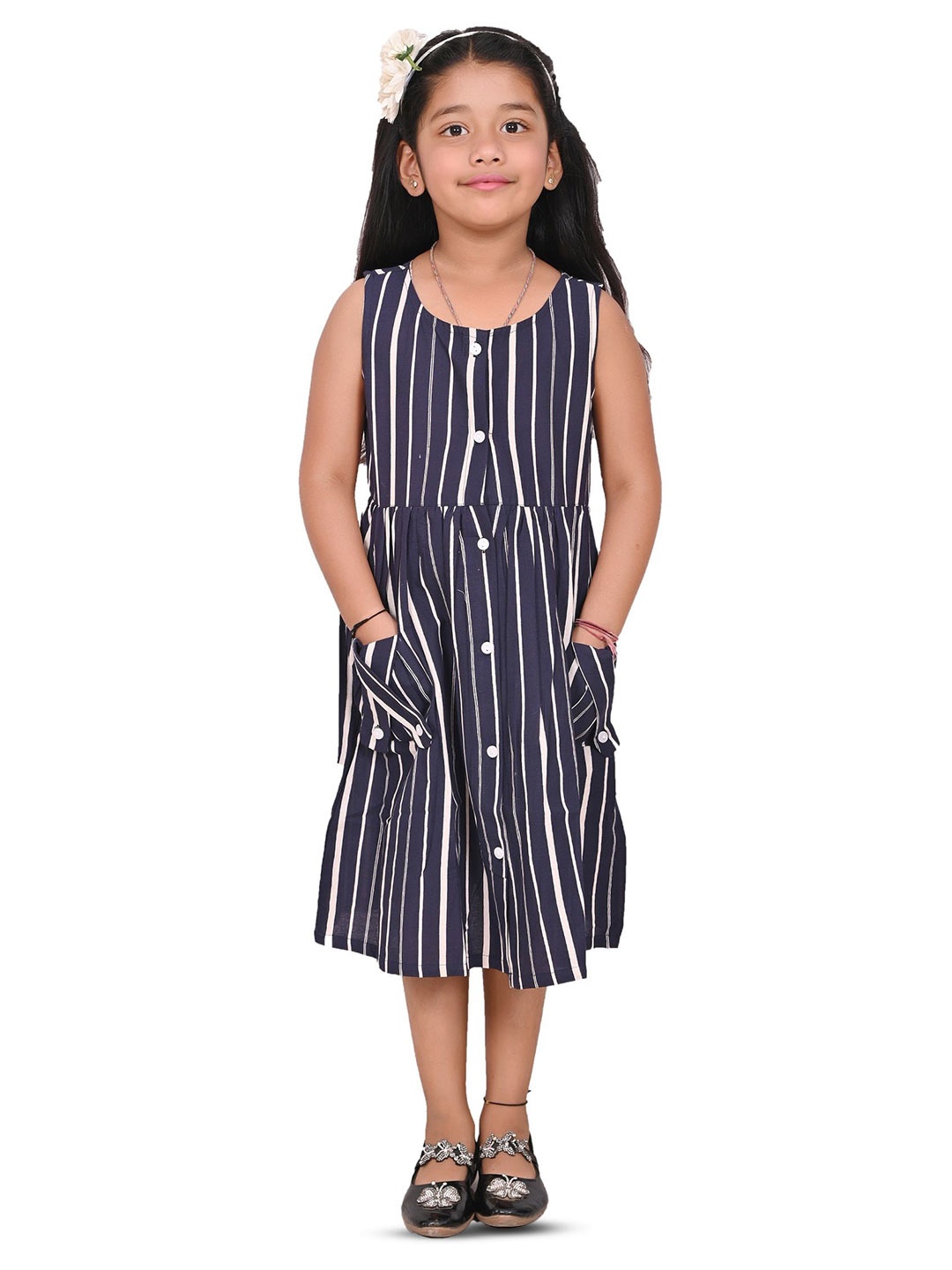 

Cloth Bites Girls Striped Round Neck Shirt Dress, Blue