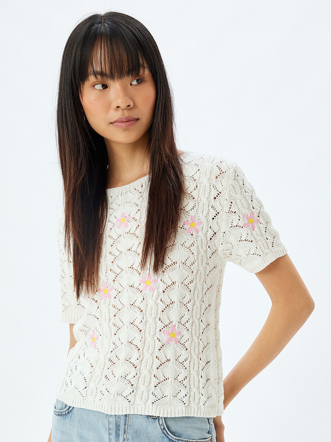 

Koton Women Open Knit Round Neck Pullover, White