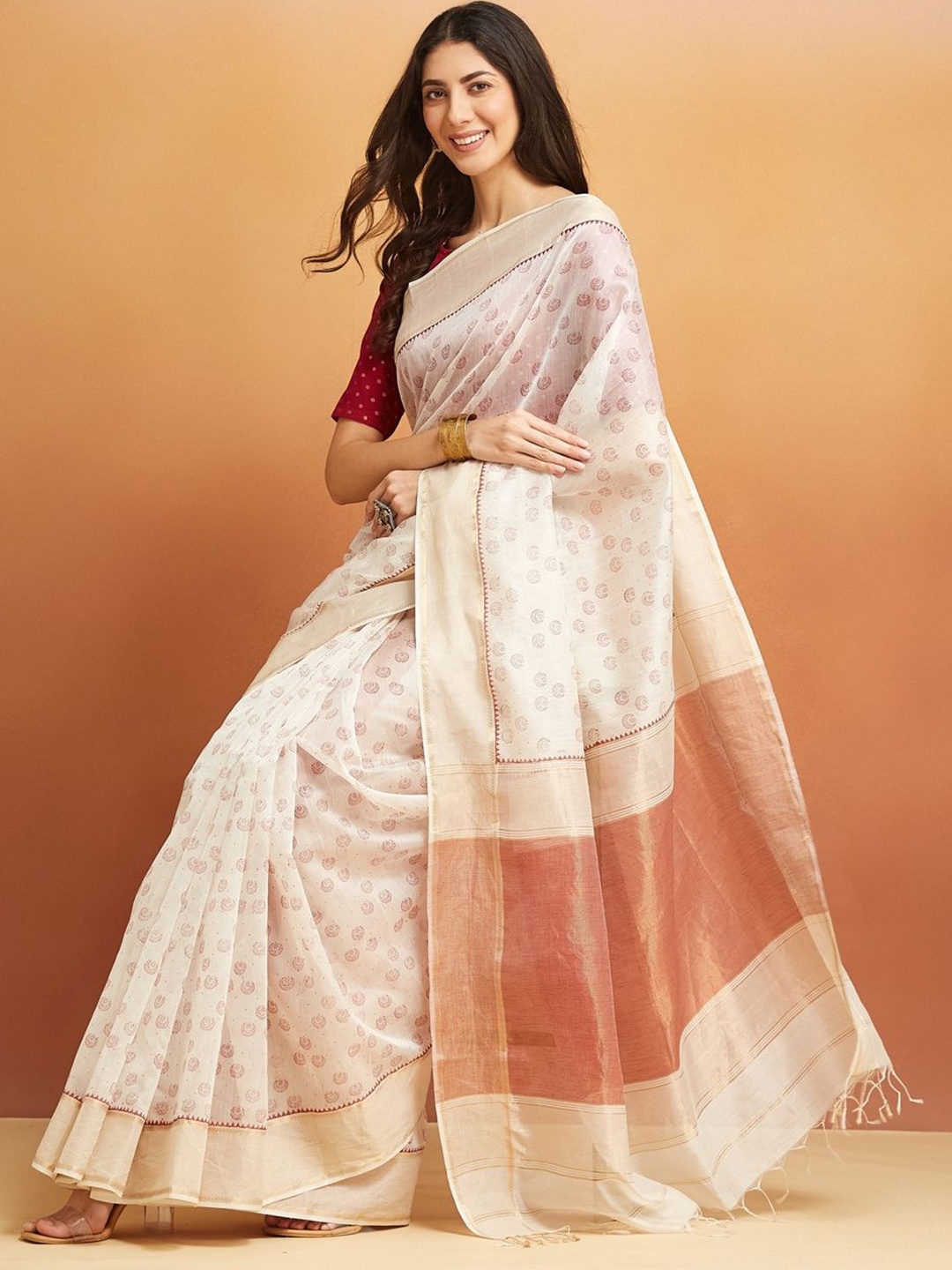 

Fabindia Ethnic Motifs Printed Maheshwari Saree, Off white