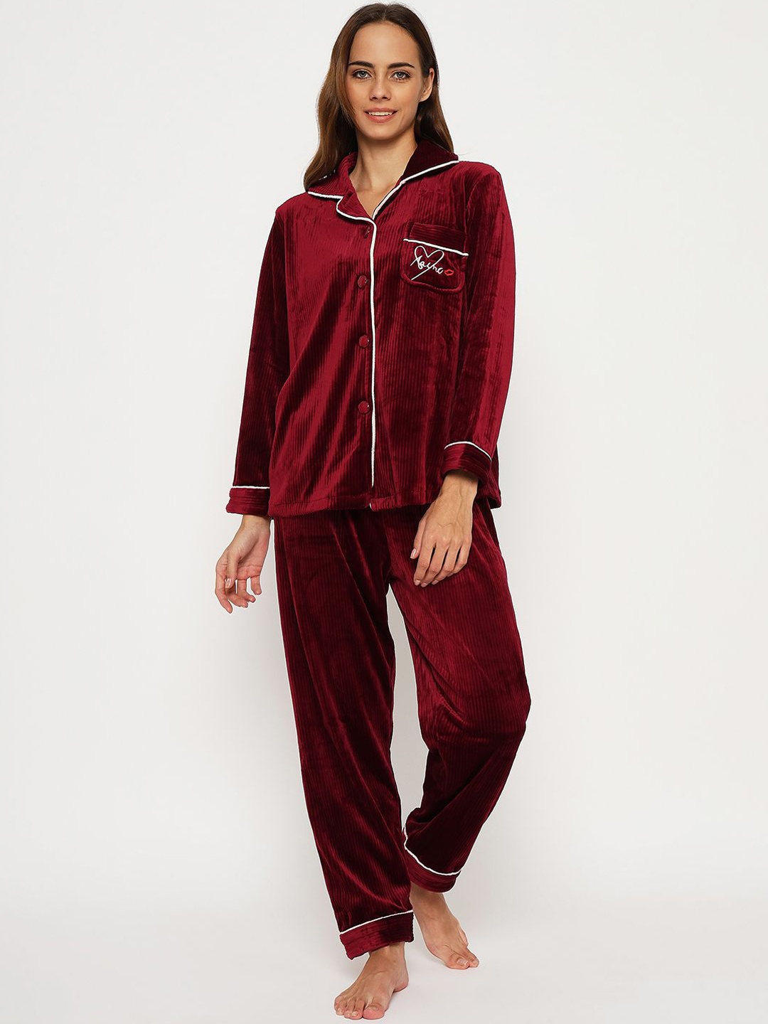 

Camey Women Lapel Collar Winter Night suit, Maroon